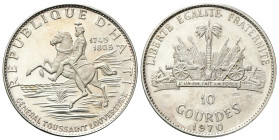 HAITI
Repubblica di Haiti, dal 1863.
10 Gourdes 1970.
Ag
gr. 46,93
Dr. Il generale Toussaint Louverture a cavallo verso s.
Rv. Stemma nazionale ...