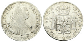 MESSICO
Carlo IV di Spagna, 1788-1808.
8 Reales 1796 FM.
Ag
gr. 26,96
Dr. Busto laureato e corazzato a d.
Rv. Stemma coronato tra due colonne.
...