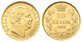 SERBIA
Milan Obrenovich IV, 1868-1889.
10 Dinara 1882.
Au
gr. 3,23
Dr. Testa nuda a s.
Rv. Valore e data; sopra, corona; tutto entro due rami di...