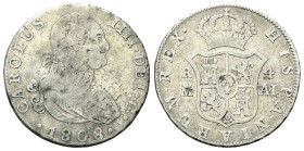 SPAGNA
Carlo IV di Spagna, 1788-1808.
8 Reales 1802 FA.
Ag
gr. 27,24
Dr. Busto laureato e corazzato a d.
Rv. Stemma coronato.
KM# 432/1.
Raro....