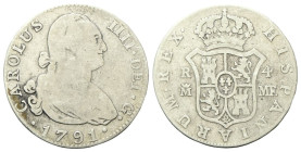 SPAGNA
Carlo IV di Spagna, 1788-1808.
4 Reales 1791 MF.
Ag
13,01
Dr. Busto laureato e corazzato a d.
Rv. Stemma coronato.
KM# 431/1.
MB