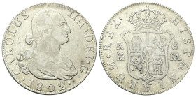 SPAGNA
Carlo IV di Spagna, 1788-1808.
4 Reales 1808 AI.
Ag
gr. 12,94
Dr. Busto laureato e corazzato a d.
Rv. Stemma coronato.
KM# 431/1.
BB