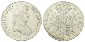 SPAGNA
Ferdinando VII, 1808-1833.
8 Reales 1815 GJ.
Ag
gr. 26,91
Dr. Busto laureato e corazzato a d.
Rv. Stemma coronato.
KM# 466.3.
Bel BB