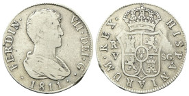 SPAGNA
Ferdinando VII, 1808-1833.
4 Reales 1811 SG.
Ag
gr. 13,10
Dr. Busto laureato e corazzato a d.
Rv. Stemma coronato.
KM# 453.2.
BB