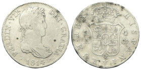 SPAGNA
Ferdinando VII, 1808-1833.
4 Reales 1814 GI.
Ag
gr. 13,24
Dr. Busto laureato e corazzato a d.
Rv. Stemma coronato.
KM# 476.1.
Rara.
BB