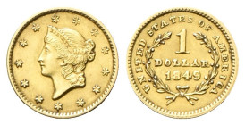 usa
Federazione.
Dollaro 1849 Liberty head, zecca di Filadelfia.
Au
gr. 1,66
Dr. Testa diademata a s.
Rv. Valore e data entro due rami di alloro...