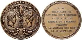 NAPOLI
Ferdinando II di Borbone, 1830-1859.
Medaglia 1836 opus J. J. Barre.
Æ
gr. 174,26 mm 75
Dr. Una Vittoria alata sorregge due medaglioni ova...