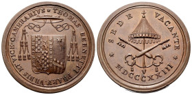 ROMA
Sede Vacante, 1823.
Medaglia 1823 emessa dal Governatore di Roma e Vice Camerlengo Monsignor Tommaso Bernetti opus sconosciuto.
Æ
gr. 26,96 m...