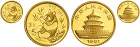 CHINA und Südostasien, China, Volksrepublik, seit 1949
3 Yuan GOLD 1991. Panda mit Bambuszweig, an Gewässer sitzend. 1 g. Feingold. Verschweißt.
Ste...