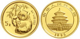 CHINA und Südostasien, China, Volksrepublik, seit 1949
5 Yuan GOLD 1995. Rs. Hüftbild eines Pandas mit Bambuszweig. 1/20 Unze Feingold. Small Date. I...