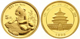 CHINA und Südostasien, China, Volksrepublik, seit 1949
5 Yuan GOLD 1998. Panda auf Felsen beim Auswählen von Zweigen. 1/20 Unze Feingold. Large Date....