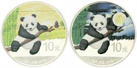 CHINA und Südostasien, China, Volksrepublik, seit 1949
Panda-Satz Night & Day 2014. 2 X 10 Yuan sitzender Panda. Je 1 Unze Silber mit Farbapplikation...