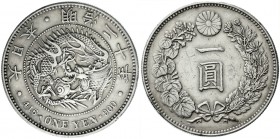CHINA und Südostasien, Japan, Mutsuhito (Meiji), 1868-1912
Yen Jahr 12 = 1879. sehr schön, Kratzer, Randfehler, gereinigt