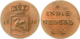 CHINA und Südostasien, Niederländisch-Ostindien, Wilhelm I. 1815-1840
Duit 1836. PROBE mit Schwanenwappen.
vorzüglich/Stempelglanz