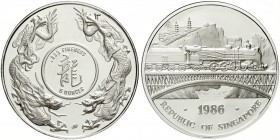 CHINA und Südostasien, Singapur, Republik, seit 1965
5 Unzen Silber 1986. 100 J. Eisenbahn Singapur-Malaysia. Aufl. 850 Stück, gekapselt in Etui.
Po...