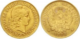Ausländische Goldmünzen und -medaillen, Argentinien, Republik, seit 1881
5 Pesos 1883 Liberty. 8,06 g. 900/1000
sehr schön/vorzüglich, min. justiert...