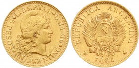 Ausländische Goldmünzen und -medaillen, Argentinien, Republik, seit 1881
Argentino 1884. Liberty. 8,06 g. 900/1000.
vorzüglich