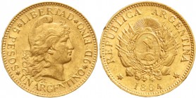 Ausländische Goldmünzen und -medaillen, Argentinien, Republik, seit 1881
Argentino 1884 Liberty. 8,06 g. 900/1000.
fast vorzüglich, winz. Randfehler...