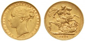 Ausländische Goldmünzen und -medaillen, Australien, Victoria, 1837-1901
Sovereign 1874 M, Melbourne. 7,98 g. 917/1000.
sehr schön/vorzüglich