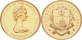Ausländische Goldmünzen und -medaillen, Bahamas, Britisch, seit 1825
100 Dollars 1971. Wappen mit Segelschiff. 39,94 g. 917/1000. Auflge nur 6800 Ex....