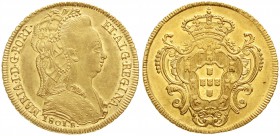 Ausländische Goldmünzen und -medaillen, Brasilien, Maria I., 1786-1816
6400 Reis 1801 R, Rio de Janeiro. 14,34 g. 917/1000.
vorzüglich/Stempelglanz...
