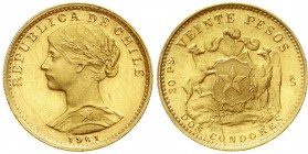 Ausländische Goldmünzen und -medaillen, Chile, Republik, seit 1818
20 Pesos 1961. 4,07 g. 917/1000
vorzüglich/Stempelglanz
