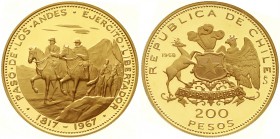 Ausländische Goldmünzen und -medaillen, Chile, Republik, seit 1818
200 Pesos 1968. 150 Jahre National-Flagge. 40,68 g. 900/1000. Auflage nur 965 Ex....