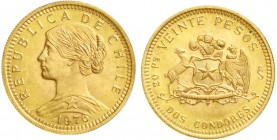 Ausländische Goldmünzen und -medaillen, Chile, Republik, seit 1818
20 Pesos 1976. 4,06 g. 900/1000.
vorzüglich/Stempelglanz
