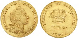 Ausländische Goldmünzen und -medaillen, Dänemark, Frederik V. 1746-1766
Kurant-Dukat (12 Mark) 1761, Kopenhagen. prägefrisch, sehr selten in dieser E...
