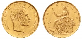 Ausländische Goldmünzen und -medaillen, Dänemark, Christian IX., 1863-1906
20 Kronen 1873 CS, 8,96 g. 900/1000.
prägefrisch, kl. Kratzer