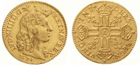 Ausländische Goldmünzen und -medaillen, Frankreich, Ludwig XIV., 1643-1715
Louis d´or a la tete nue 1674 A, Paris. 6,73 g.
fast vorzüglich, leichter...