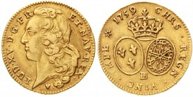 Ausländische Goldmünzen und -medaillen, Frankreich, Ludwig XV., 1715-1774
Doppelter Louis d or 1759 BB Strassburg 16,22 g.
sehr schön, kl. Randfehle...
