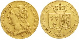 Ausländische Goldmünzen und -medaillen, Frankreich, Ludwig XVI., 1774-1793
Louis d`or 1786 W, Lille. 7,60 g.
vorzüglich
