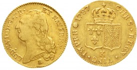 Ausländische Goldmünzen und -medaillen, Frankreich, Ludwig XVI., 1774-1793
Doppel Louis d`or 1787 K, Bordeaux. 15,23 g.
sehr schön, selten