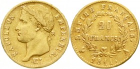 Ausländische Goldmünzen und -medaillen, Frankreich, Napoleon I., 1804-1814/15
20 Francs 1811 A, Paris. 6,45 g. 900/1000
sehr schön, leichte Randverp...