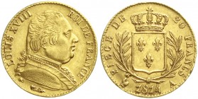 Ausländische Goldmünzen und -medaillen, Frankreich, Ludwig XVIII., 1814/1815-1824
20 Francs 1814 A. Paris. 6,45 g. 900/1000
vorzüglich