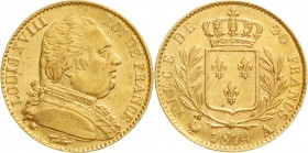 Ausländische Goldmünzen und -medaillen, Frankreich, Ludwig XVIII., 1814/1815-1824
20 Francs 1814 A. Paris. 6,45 g. 900/1000
vorzüglich, winz. Kratze...