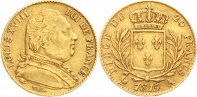 Ausländische Goldmünzen und -medaillen, Frankreich, Ludwig XVIII., 1814/1815-1824
20 Francs 1815 A, Paris. 6,45 g. 900/1000
sehr schön