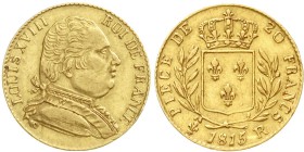 Ausländische Goldmünzen und -medaillen, Frankreich, Ludwig XVIII., 1814/1815-1824
20 Francs 1815 R, London. 6,45 g. 900/1000
fast vorzüglich, winz. ...