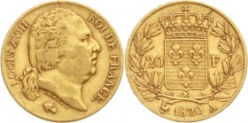 Ausländische Goldmünzen und -medaillen, Frankreich, Ludwig XVIII., 1814/1815-1824
20 Francs 1820 A, Paris Lille. 6,45 g. 900/1000
sehr schön, min. j...