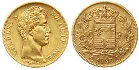 Ausländische Goldmünzen und -medaillen, Frankreich, Charles X., 1824-1830
40 Francs 1830 A, Paris. 12,90 g. 900/1000.
gutes sehr schön, am Rand min....