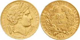 Ausländische Goldmünzen und -medaillen, Frankreich, Zweite Republik, 1848-1852
20 Francs 1851 A, Paris Cereskopf. 6,45 g. 900/1000.
sehr schön/vorzü...