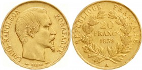 Ausländische Goldmünzen und -medaillen, Frankreich, Napoleon III., 1852-1870
20 Francs 1852 A, Paris.3, 17 9 Einzeltyp. 6,45 g. 900/1000
vorzüglich,...