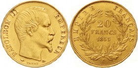 Ausländische Goldmünzen und -medaillen, Frankreich, Napoleon III., 1852-1870
20 Francs 1855 A, Paris. 6,45 g. 900/1000.
gutes vorzüglich