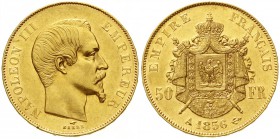 Ausländische Goldmünzen und -medaillen, Frankreich, Napoleon III., 1852-1870
50 Francs 1856 A, Paris. 16,13 g. 900/1000
gutes vorzüglich, winz. Rand...