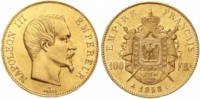 Ausländische Goldmünzen und -medaillen, Frankreich, Napoleon III., 1852-1870
100 Francs 1858 A, Paris. 32,26 g. 900/1000.
gutes vorzüglich