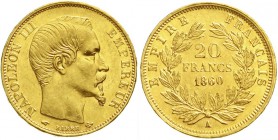 Ausländische Goldmünzen und -medaillen, Frankreich, Napoleon III., 1852-1870
20 Francs 1860 A. Paris. 6,45 g. 900/1000
vorzüglich/Stempelglanz