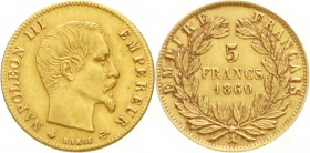 Ausländische Goldmünzen und -medaillen, Frankreich, Napoleon III., 1852-1870
5 Francs 1860 A. Paris. 1,63 g. 900/1000.
sehr schön/vorzüglich