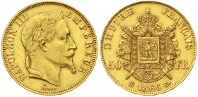 Ausländische Goldmünzen und -medaillen, Frankreich, Napoleon III., 1852-1870
50 Francs 1866 BB, Straßburg. 16,13 g. 900/1000.
gutes vorzüglich, winz...
