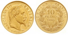 Ausländische Goldmünzen und -medaillen, Frankreich, Napoleon III., 1852-1870
10 Francs 1866 BB Straßburg. Variante mit großem BB.
vorzüglich/Stempel...